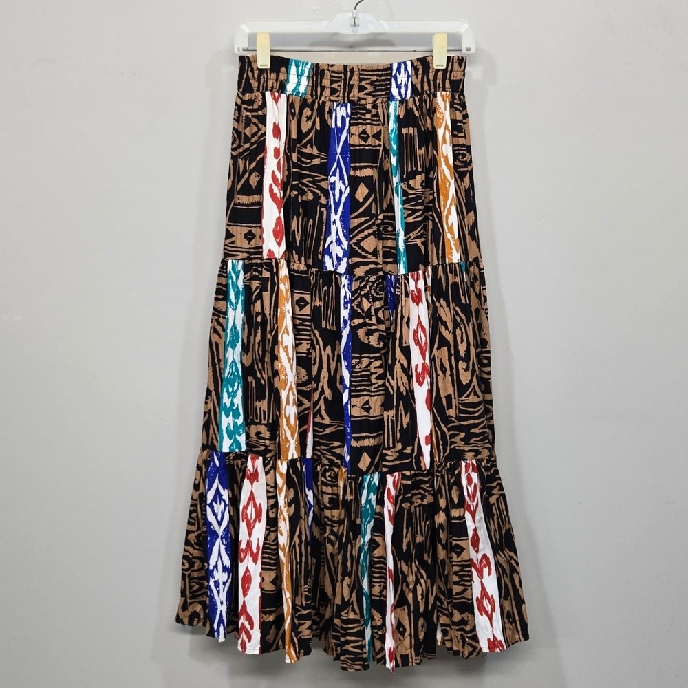 Vintage 80s Maxi Peasant Broomstick Skirt Small Tiered Tribal Boho Folk Art USA